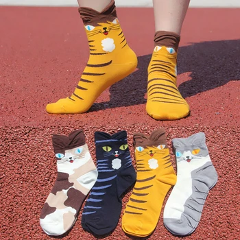 1 чифт Красиви женски чорапи, Дамски Удобни Памучни есенно-зимните Дълги Чорапи за момичета, Забавни Чорапи с Изображение на Котка от Карикатура, Цветни