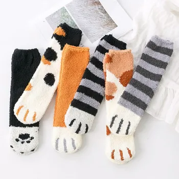 1 чифт топли кавайных чорапи-от тръби със забавни животни, есенно-зимни котешки нокти, красиви дебели коралови кадифе дамски чорапи-чорапи, Коледни подаръци