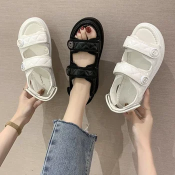2022 г., Нови корейски модни дамски джапанки, Ежедневни дамски обувки на платформа с цип линия от среден размер (3 cm-5 см), ежедневни, плажни сандали, дамски