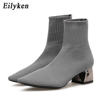 EilyKen/2023, есенно-зимни Плетени Чорапи от еластична Тъкан, Дамски Къси Ботуши На нисък ток, Сиви Дамски Ботильоны с остри пръсти