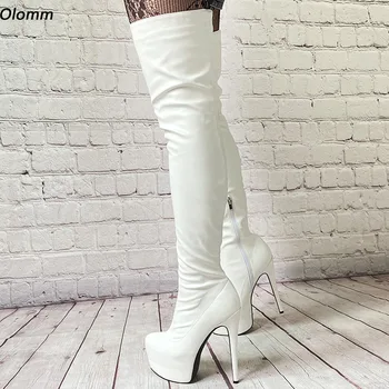 Olomm/2022, Дамски ботуши до бедрото, изработени ръчно на платформа и висок ток Унисекс на висок ток с Кръгла пръсти, красиви бели сватбени обувки, размер САЩ 5-20