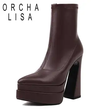 ORCHA LISA/Дамски обувки с 15 см с остър пръсти, Необичайно Висок ток 14 см., Двойна платформа 5 cm с Цип, по-Големи Размери 34-46, вечерни обувки