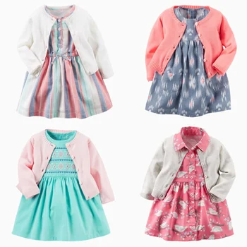 Дрехи за бебета, дрехи за малките момичета, 2021, пролетта и есента сладък костюм, рокля с цветен модел + вязаная яке + гащи, 3 бр. костюм