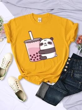 Кавайная Панда и Нейният Любим Пузырьковый Чай, Женска Тениска, на Хладно Мека Тениска, Дишаща Тениска, Облекла в стил хип-хоп, Женска Тениска оверсайз