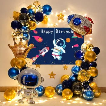 Ракета Астронавт Балон Венец Комплект Led Подсветка На Космоса, Вселената, Планета Фон Банер Детски Рожден Ден Украса