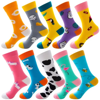 цветни мъжки чорапи от памук, с хубав дизайн, модни градинска дрехи, новост, Мультяшные животни, куче, мишка, пчела, една крава, еднорог, мъжки, дамски чорапи