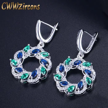 CWWZircons 2020 Нов Сребърен Цвят Зелен Син Кубичен Цирконий Crystal Дълги Висящи Големи Кръгли Обеци-Халки за Жени, Бижута CZ402