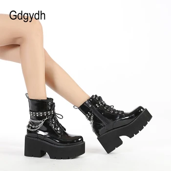 Gdgydh/в Есенно-зимната Разпродажба на обувки, Обувки на платформа за Cosplay Вещица в стил пънк за Хелоуин с веригата, черни Ботуши на висок ток, Дамски обувки, Голям Размер на 43