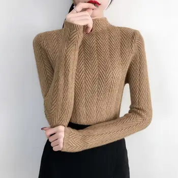 Жена пуловер с полувысоким яка, есен-зима 2019, Нова стилна къса яке, облегающая трикотажная долна риза