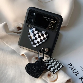 Калъф За мобилен Телефон във формата на Сърце От изкуствена кожа с окачване на шахматна Дъска За Samsung Galaxy Z Flip 4 3 5G 3D Love Heart Черен Твърд Калъф За PC