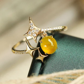 Стерлинговое сребро 925 проба, натурален жълт или леко луксозно годежен пръстен във формата на звезда, регулируема романтично светъл дамско бижу