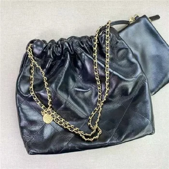 Чанта-голяма пазарска чанта С Веригата От Естествена Кожа, с Модерна Дамска Чанта От Маслената Восък на Кожата, пазарска Чанта На Рамото, Ежедневни Дамски Bag-чанта с Голям Капацитет